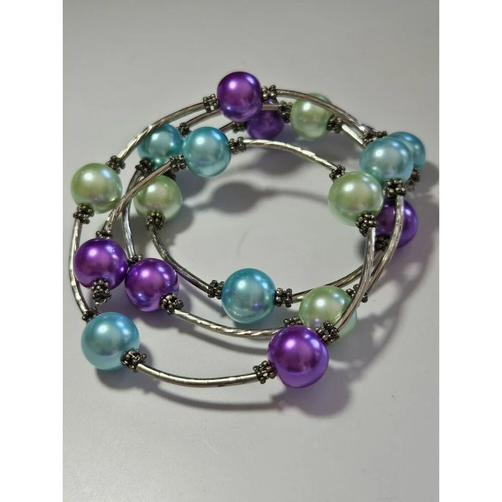 Pastel beaded wrap bracelet silver tone purple blue green